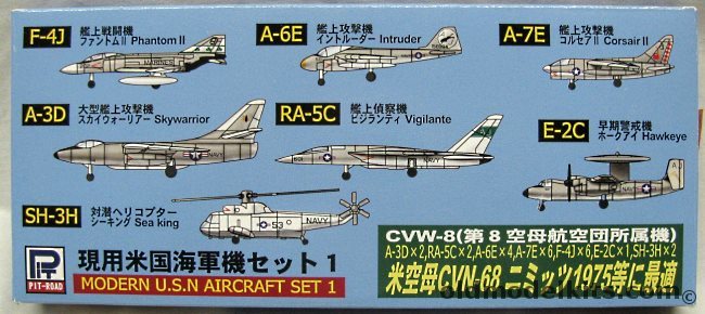 Pit Road 1/700 Modern USN Aircraft Set 1 F-4 Phantom (6) / A-3 Skywarrior (2) / A-6E Intruder (4) / RA-5C Vigilante (2) / A-7E Corsair II / E-2C Hawkeye (1) / SH-3H Seaking (2) CVW-8 1975, S27 plastic model kit